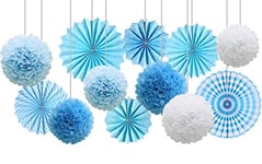 CC wonderland zone Lot de 12 Bleu Pompons en Papier et Éventail en Papier pour Décoration Suspendre de Plafond de Fête