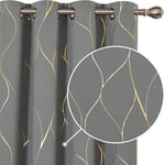 Blackout Curtains 72" Drop, Thermal Insulated Eyelet Panels, Grey, Gold Wave Foi