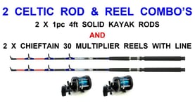 2 CELTIC 4ft SOLID KAYAK RODS+CHIEFTAIN 30 MULTIPLIER REELS+LINE BOAT FISHING