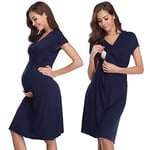 Irdcomps Women’s Breastfeeding Nightdress Maternity Nightshirt Nursing Nightgown Soft V Neck Pajama Loungewear Tops Dress for Pregnant Casual Navy Blue