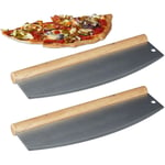 Relaxdays - Lot de 2 Hachoir Berceuse Pizza Couteau à Pizza Inox Manche Bois 1 Lame Étui Protecteur HxB 12x35cm, Argenté