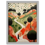 Walk on the Countryside Hill Path Folk Art Oil Painting Red Orange Green Abstract Landscape Artwork Framed Wall Art Print A4