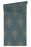 A.S. Création Architects Paper Non-Woven Wallpaper Absolutely Chic Wallpaper with Peacock Feather 10.05 m x 0.53 m Blue Yellow Metallic Made in Germany 369712 36971-2