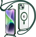 Collier Magnétique Coque Avec Cordon Pour Iphone 14 Plus, Transparent Réglable Étui Chain Chaine Housse De Souple Silicone Antichoc Etui Bandouliere Laniere Pour Iphone 14 Plus-Vert