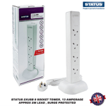 Status 2xUSB 8 Socket Tower, 13 Amperage , Approx 2m Lead , Surge Protected