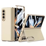 Coque Galaxy Z Fold 4 avec Film de Protection, étui Fin en Cuir Souple avec Fente pour Carte avec béquille, Coque de téléphone Pliable Galaxy Z Fold 4 5G-Or