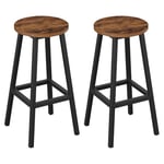 Klihome Tabouret de Bar Lot de 2, Tabouret Fixe Haut, Chaise Haute Cuisine, Siège Rond en Bois d'Ingénierie, Structure Métallique, Repose-Pieds, Style Moderne/Industriel, Marron Rustique, K0010BH-2