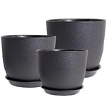 PROFIKLA 20cm, 18cm, 16cm Plastic Plant Pots, Plant Pots with Drainage Holes and Saucers, A Set of 3 Flower Pots, Modern Decorative Planters, Black