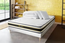 Pack sommier tapissier matelas  Ressorts ensachés et mémoire de forme avec couette et orei