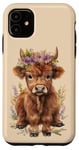 iPhone 11 Cute Highland Cow Purple Flower Water Color Art Farm Animal Case