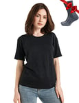 Merino.tech T Shirt Merinos Femme - Laine Merinos Chemise Femme + Chaussettes de randonnée en Laine mérinoss (Large, Heathered Black Crewneck)