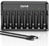 Dlyfull 8 Bay AA AAA Battery Charger with USB-C Port and Independent Slot, Rechargeable Battery Charger for 1.2V Ni-MH/CD Batteries, Cable Included