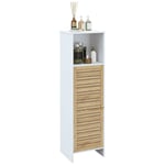 HOMCOM Meuble de Salle de Bain sur Pied Meuble de Rangement avec 1 Compartiment Ouvert et 1 Placard à étagère réglable, Porte en Bambou, 35 x 30 x 120 cm Blanc