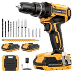 Cordless Drill Driver 21V, Cordless Hammer Drill with 2 Batteries 2000mAh, 25+3 Torque, 42N.m Max Electric Drill, 14PCS Drill Bits, 2 Speed, LED Light for Home and Garden DIY Project