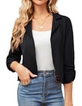 GRACE KARIN Travail Veste de Costume légère à Manches 3/4 pour Femme Casual Col Revers Blazer Court de Bureau S Tissu de Costume Noir