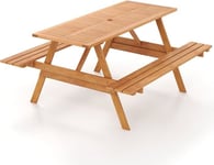 GOPLUS Table de Pique-Nique avec Bancs en Bois pour 6 Personnes-Table de Jardin Rectangulaire avec Trou pour Parasol