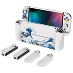 PlayVital AlterGrips Protective Slim Case for Nintendo Switch OLED, Ergonomic Grip Cover for Joycon, Dockable Hard Shell for Switch OLED w/Thumb Grip Caps & Button Caps - The Great Wave off Kanagawa