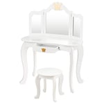 DREAMADE Coiffeuse pour Enfants avec 3 Miroirs Amovible et 1 Tiroir, Table de Maquillage pour Enfants avec Tabouret, Coiffeuse Princesse en MDF et Bois de Pin (Blanc,Couronne)