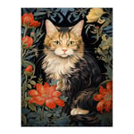 Stylish Maine Coon Cat Flowers Floral Design Illustration William Morris Style Extra Large XL Unframed Wall Art Poster Print