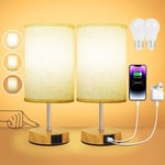 Lampe de Chevet Tactile Lot de 2 avec Ports de Charge USB-A + USB-C, Intensité Variable 3 Voies, Abat-jour en Tissu de Lin, Petite Lampes de Table