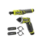 Pack RYOBI 4V Clé à cliquet RR14W4-0 - 1/4" - Tournevis RSD4-120T - 2 Batteries 2,0Ah - 2 Câbles USB