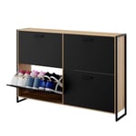 CASABEL Meuble de Rangement à Chaussure Industriel 24 Paires - Double Compartiment - Armoire Etagere Grande Capacité pour Entrée, Couloir - L114xP24xH83 cm - Portes Noires Cadre Bois Clair