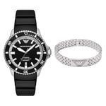 Emporio Armani Men's Black Silicone Watch and Silver-Tone Stainless Steel Bracelet, Set