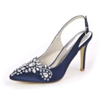 Gycdwjh Sexy Rhinestone Bridal Shoes, Pointed Asakuchi Heel Lace Satin Pumps Heel Height 9.5cm Women's Wedding Shoes For banquets and Parties Perfect Wedding Shoes,dark blue,9 UK