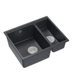 QUADRON Double Bowl Sink, Kitchen Sink, Size 55.5 x 46 x 22 cm, Black & Steel, Logan 150 Granite Granite Sink, Double Bowl Sink, Cabinet Undermount from 60 cm, Built-in Sink