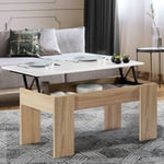 Table basse plateau relevable rectangulaire tara bois imitation hêtre et blanc