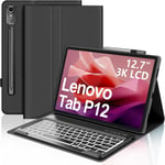 Clavier Lenovo Tab P12 12.7 Pouces 2023,Rétroéclairage 7 Couleurs,Détachable Azerty Français Clavier Étui Pour Tablette Lenovo Tab P12 12.7"" (Tb370fu),Noir