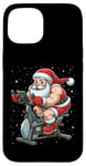 Coque pour iPhone 15 Père Noël sur vélo d'appartement, gym, fitness, entraînement, Noël, neige