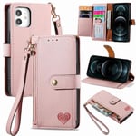 SATURCASE Coque pour Apple iPhone 12 / 12 Pro, Heart PU Cuir Flip Portefeuille Poche Double Boucle Magnétique Fermeture éclair Support Porte-carte Cordon Protecteur Housse Étui pour Apple iPhone 12 / 12 Pro (AX-Pink)