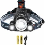 Laddningsbar LED-pannlampa, 5000 lumen pannlampa, superljus T6 LED-pannlampa, vattentät pannlampa med 2 batterier, USB-laddningskabel