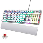 TECURS Clavier Gaming Mécanique - Clavier Gamer Programmable avec Repose-Poignet Magnétique, Switchs Rouges, 19 Modes LED, Touches Multimédia, Clavier AZERTY PC/Wins/PS4 (Blanc)