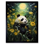 Midsummer Night's Panda Dream Oil Painting Panda Bear in a Full Moon Sunflower Field Landscape Kids Bedroom Art Print Framed Poster Wall Decor 12x16 i