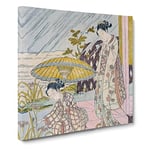 Admiring an Iris in the Rain by Harunobu Suzuki Asian Japanese Canvas Wall Art Print Ready to Hang, Framed Picture for Living Room Bedroom Home Office Décor, 14x14 Inch (35x35 cm)