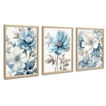 3 Pcs En Bois Cadre Tableau Décoration Murale Salon Fleurs grises et bleues Encre Impression sur Toile Image sur Toile Peintures sur Toile Décoration Murale pour Salon Chambre Maison Bain 30x40cmx3