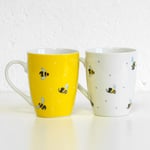 Set of 2 Sweet Bee Coffee Mugs Yellow & White 330ml 11oz Porcelain Tea Cups Gift