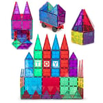 Playmags Magnet Building Tiles Set for Kids - 56 Pcs Stronger 3D Magnetic Block Set with Car - Colorful STEM Magnetic Tiles Toys - 6 Additional Clickins Included