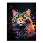 Tabby Cat Lover Gift Pet Portrait Blue Pink Orange on Black Artwork Painting Unframed Wall Art Print Poster Home Decor Premium