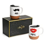 Tougo Mr Mrs Tasses à Café Avec Couvercle et Liège,Ensemble tasse couple café pour douche nuptiale fiançailles mariage anniversaire Saint Valentin cadeaux de Noël,380ml