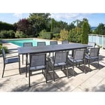 Table rectangulaire extensible en aluminium aspect teck gris santorin avec 10 fauteuils Jardiline