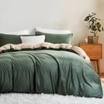 Sedefen Flanelle Housse de Couette 220x240cm + 2 Taies d'oreiller 65x65cm Vert Beige Réversible Parure de lit 2 Personnes Peluche Hiver Chaude Duveteuse Ado Linge de lit Avez Fermeture Éclair