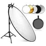 NEEWER Kit de Réflecteur de Lumière 110cm, Réflecteur Rond Pliable 5 en 1 (Translucide/Argent/Or/Blanc/Noir) avec Pince, Adaptateur Montage et Support 53-110cm pour Photographie en Studio à Angle Bas