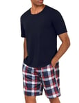 Uniexcosm Pyjama Homme Court Coton Ensemble Pyjama Homme Short Col Rond Manches Courtes Pyjama Haut et Bas Homme Ete avec Poches Latérales A-Bleu Foncé L