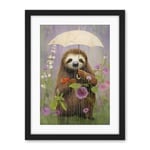 Artery8 Picking Flowers in the Rain Oil Painting Cute Sloth with an Umbrella in a Wildflower Meadow Kids Bedroom Artwork Framed Wall Art Print 18X24 Inch