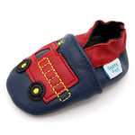 Dotty Fish. Chaussures Cuir Souple pour Tout-Petits et Bébé. Semelle Souple antidérapante. Bleu avec Camion de Pompiers. 2-3 Ans (25 EU)