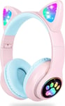 Casque Bluetooth Enfant, Ecouteurs Enfants sans Fil du Volume Limité 85dB avec Oreille de Chat Réglable/Pliable pour Apprentissage/PC/Phone/Gaming, Casque Audio pour Fille Ado Fils(Rose Bleu)