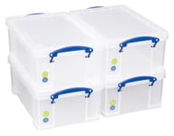 Really Useful Box 9 Litre Plastic Storage Box Clear, Multi-purpose stacking storage, with a lid and clip lock handles, Ideal for home, office, school and arts and crafts storage (Pack of 4)